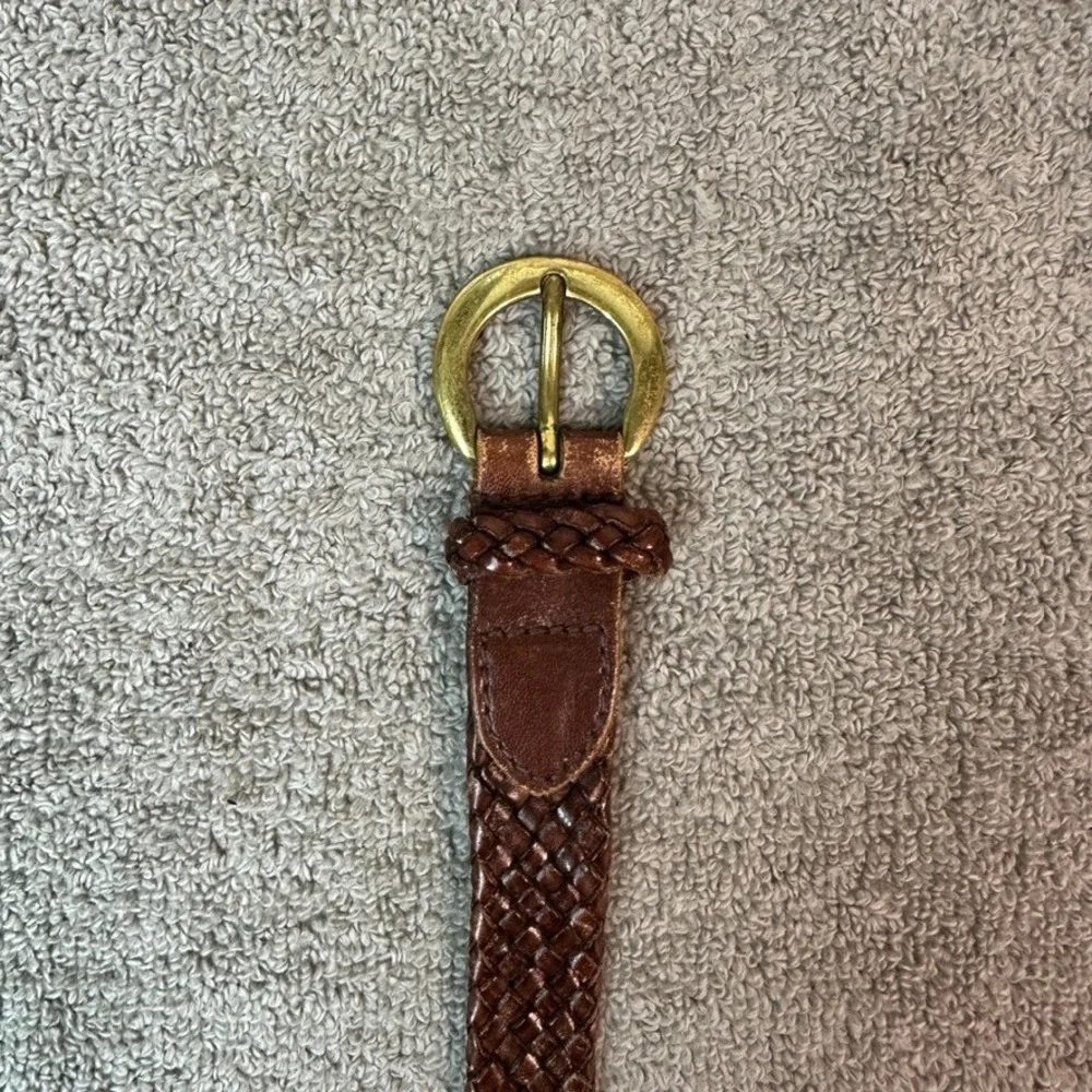 Talbots Brown Woven Braided Genuine Leather Belt Brass Buckle Size L 6200